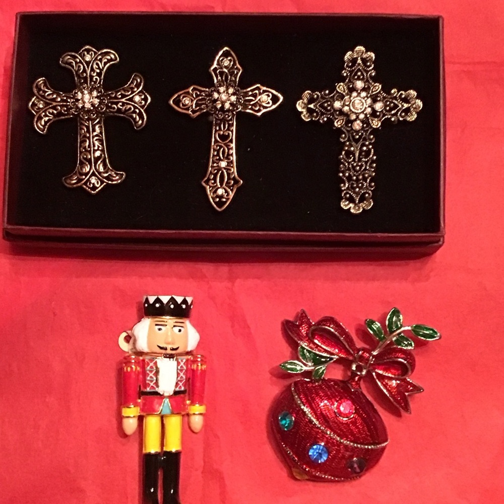 Ornate Silver Cross Brooch Set with Nutcracker and Ornament.   X-MAS Bundle # 16